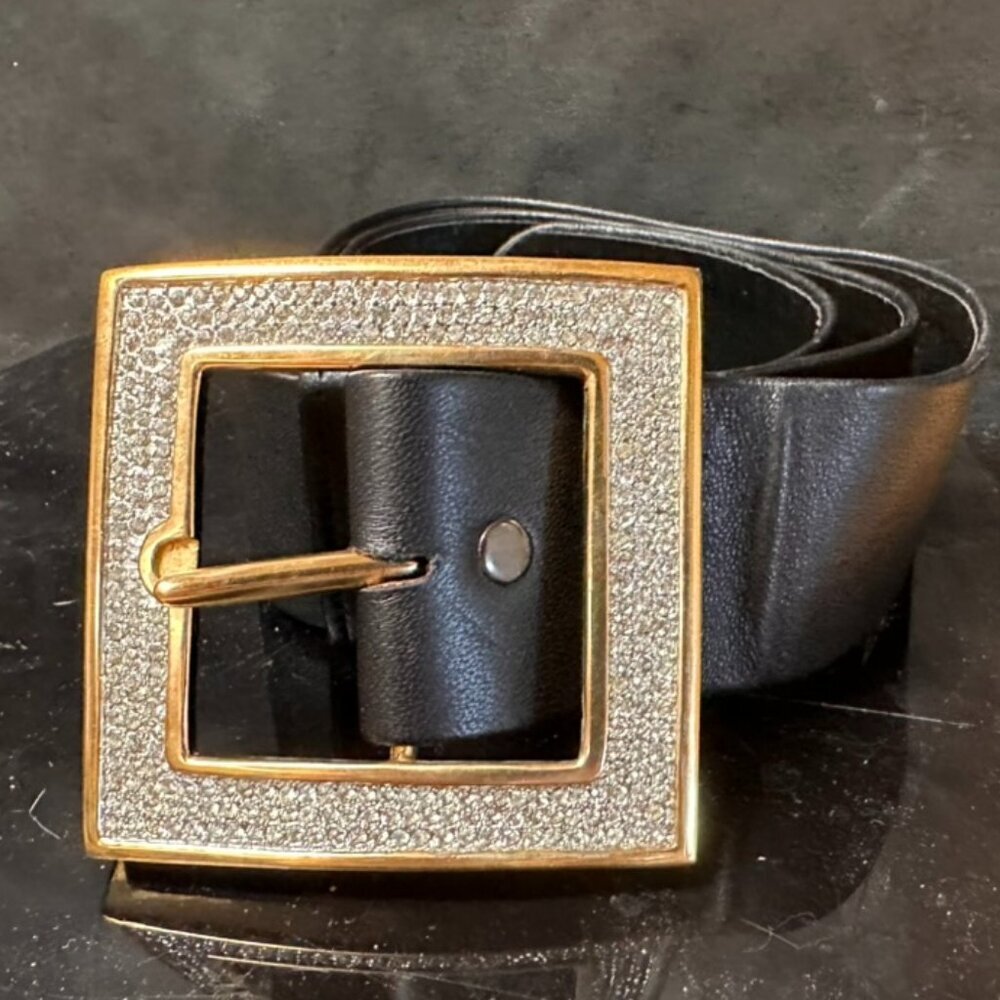Alexis Kirk Black Rhinestone Big Buckle Belt 2 Belt straps leather /Satin)